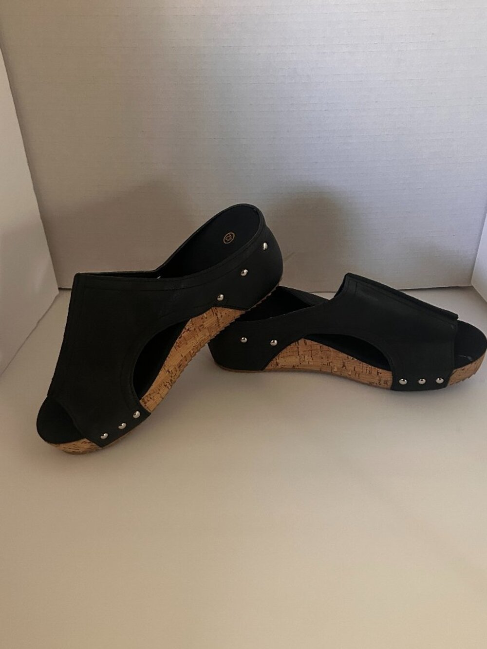 Black Platform Mule Sandals Cork Wedge Slides Studded Open Toe EU 42 - Picture 2 of 9